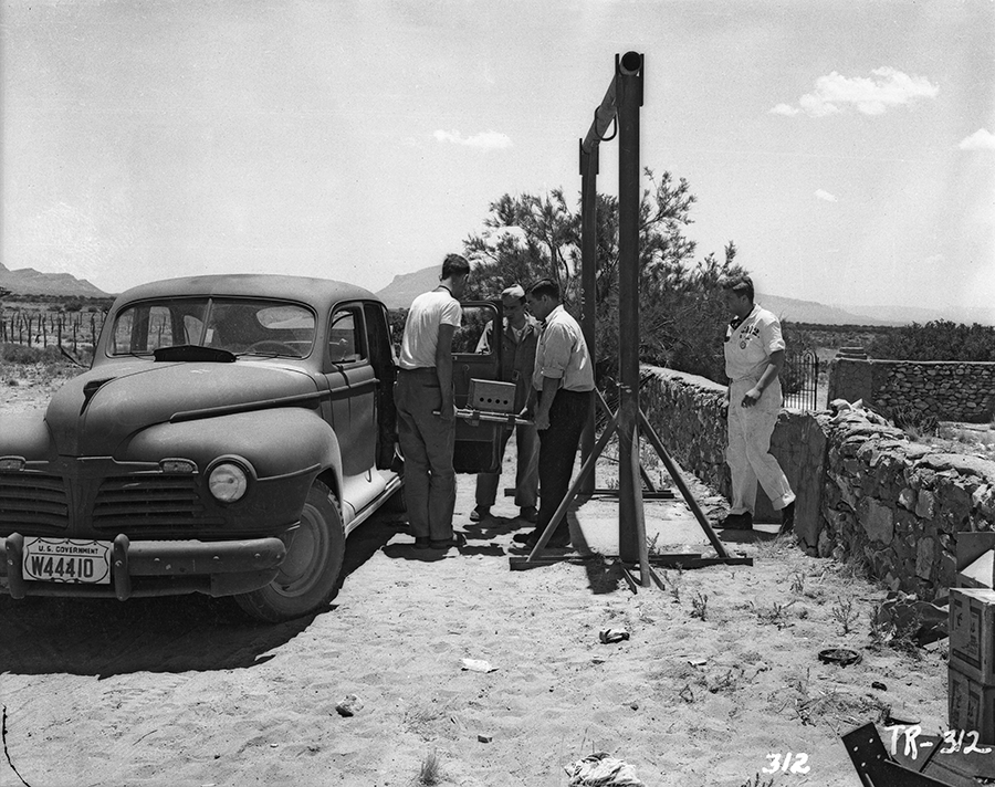 The plutonium cores of the Trinity Device tested in New Mexico on July 16, 1945 (shown here) and the “Fat Man” nuclear weapon that destroyed the city of Nagasaki on August 9, 1945 (below) were insertable, primarily for safety reasons.  (Photo courtesy of Los Alamos National Laboratory)