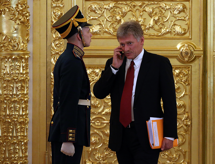 Russian spokesperson Dimitri Peskov (R), seen at the Kremlin on June 5, called an arms control proposal announced by U.S. National Security Advisor Jake Sullivan “important and positive.” (Photo by Mikhail Svetlov/Getty Images)
