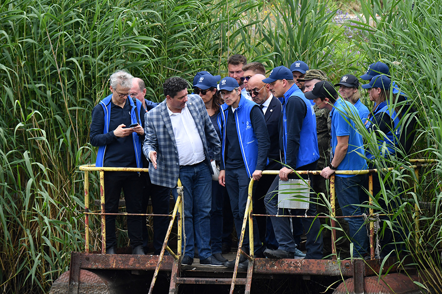 Rafael Mariano Grossi (C), director-general of the International Atomic Energy Agency, and his team visit the Russian-controlled Zaporizhzhia Nuclear Power Plant in southern Ukraine on June 15. (Photo by Olga Maltseva/AFP via Getty Images)