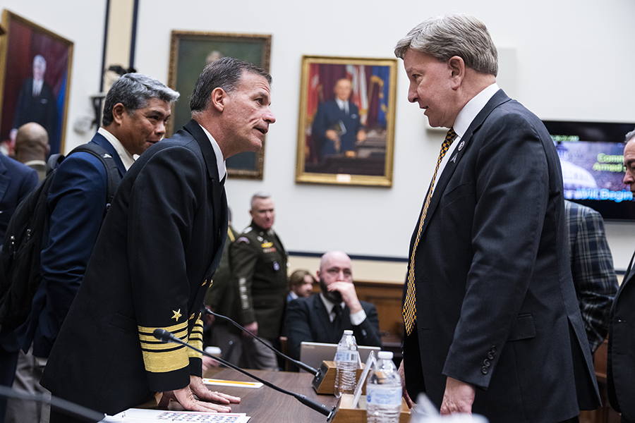 Chairman Rep. Mike Rogers, R-Ala. (R), talks with Admiral John C. Aquilino, commander, U.S. Indo-Pacific Command, during the House Armed Services Committee hearing in April that included discussion of hypersonic weapons.  (Tom Williams/CQ-Roll Call, Inc via Getty Images)