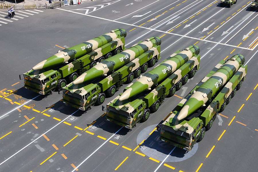 China’s large arsenal of ballistic and cruise missiles, including this Dong Feng-26 (DF-26) intermediate-range ballistic missile, are among the threats driving the United States to invest increased spending on missile defense systems. (Photo by Xinhua/Cha Chunming via Getty Images)