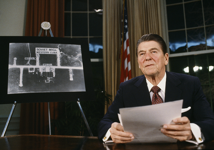President Ronald Reagan, in a March 1983 speech, unveils his Strategic Defense Initiative that was intended to develop missile defense systems that would make nuclear weapons obsolete. (Photo by Jean-Louis Atlan/Sygma via Getty Images