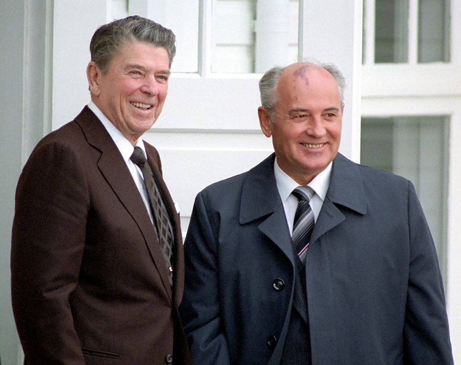Disagreements over testing missile defense system components in space were a major focus of the 1986 summit in Reykjavik, Iceland, between U.S. President Ronald Reagan (L) and Soviet leader Mikhail Gorbachev. (Photo by Universal History Archive/Universal Images Group via Getty Images)