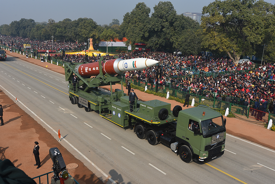 India’s anti-satellite weapons program, typified by this missile showcased at a 2020 military parade in New Delhi, grew out of the country’s missile defense program. (Photo by Sonu Mehta/Hindustan Times via Getty Images)