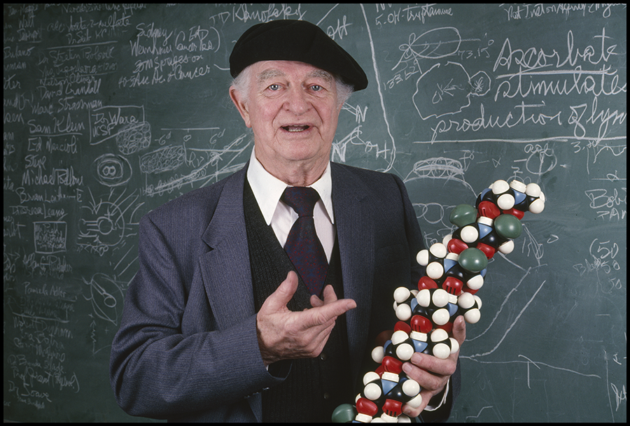 U.S. chemist Linus Pauling, who won a Nobel Prize in Chemistry and the Nobel Peace Prize, poses with his alpha-helix model in front of a chalkboard at the Linus Pauling Institute, Menlo Park, Calif., in 1983. In 1957, he started a scientists’ appeal for a complete ban on nuclear testing. (Photo by Janet Fries/Getty Images)
