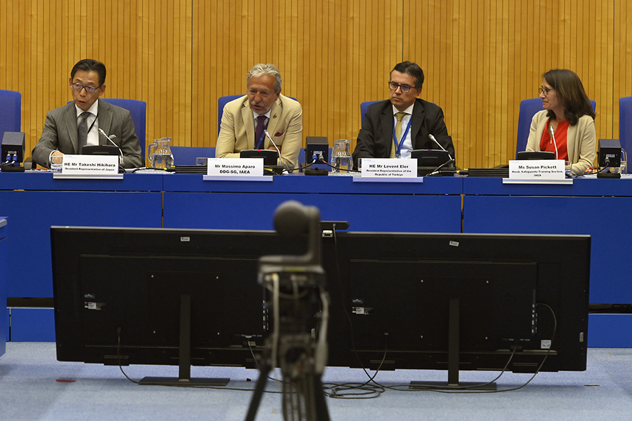 Safeguards agreements and additional protocols were the focus of one side event at the nuclear Nonproliferation Treaty (NPT) meeting at The Hague on July 31-Aug. 11. Panelists included, from left, Takeshi Hikihara, the Japanese ambassador to the UN International Organizations in Vienna; Massimo Aparo, deputy director-general at the International Atomic Energy Agency; Levent Eler, Turkish ambassador to the UN International Organizations in Vienna; and Susan Pickett, head of the IAEA Safeguards Training Section. (Photo by Dean Calma/IAEA)