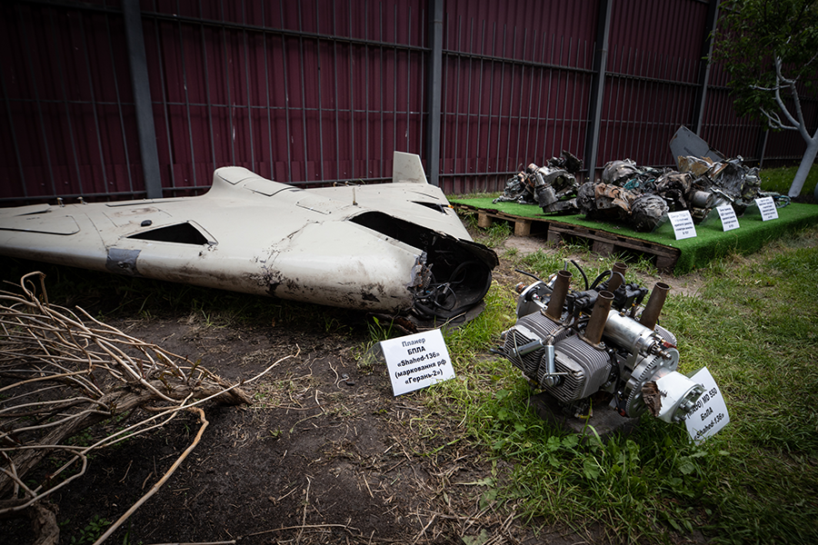 Remains of an Iranian Shahed-136 drone that Ukrainians said Russia used to attack Kyiv on May 12. Fragments of these and other weapons are being studied at the Kyiv Scientific Research Institute of Forensic Expertise and results are being submitted to the International Criminal Court in The Hague. (Photo by Oleksii Samsonov /Global Images Ukraine via Getty Images)
