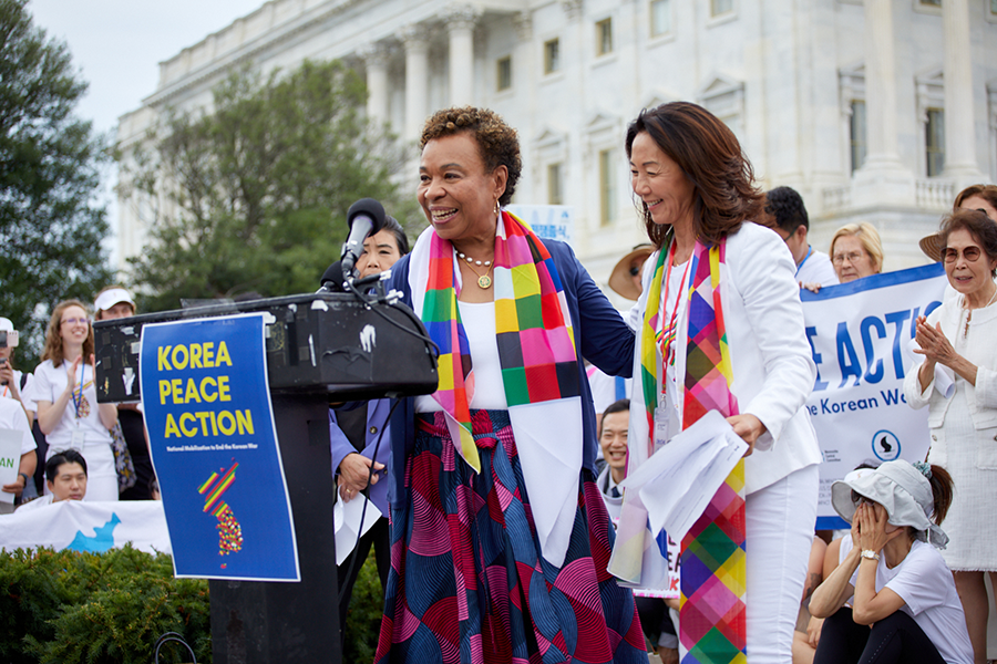 U.S. Rep. Barbara Lee (D-Calif.), left, and Christine Ahn, founder and executive director of Women Cross DMZ, address a rally at the U.S. Capitol on July 27 organized by the National Mobilization to End the Korean War. Instead of the existing armistice, they are seeking a peace treaty to formally end the 1950-53 Korean War. (Photo by Constance Faulk)