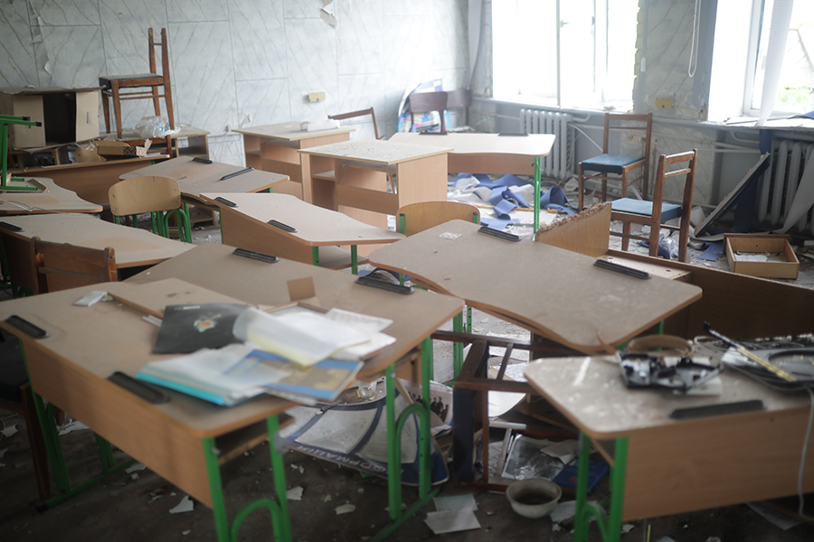 This classroom in Lyman, Ukraine, was destroyed by a cluster bomb in July during the Russian war on Ukraine. (Photo by Gian Marco Benedetto/Anadolu Agency via Getty Images)