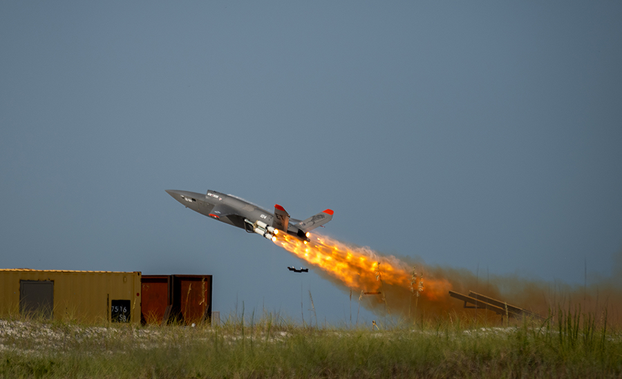 A XQ-58 Valkyrie aircraft launches for a test mission Aug. 22 at Eglin Air Force Base, Fla. According to the U.S. Air Force, the mission successfully tested components that greatly reduce the risk of large scale crewed and uncrewed autonomous systems.  (U.S. Air Force photo by 2nd Lt. Rebecca Abordo)