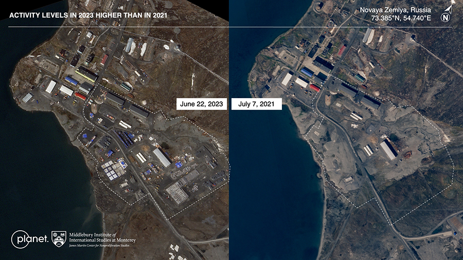 These satellite images show improvements to the Russian nuclear test site at Novaya Zemlya. Improvements are also reported to be underway at sites in China and the United States. (Photos courtesy of Middlebury Institute of International Studies at Monterey, Planet)