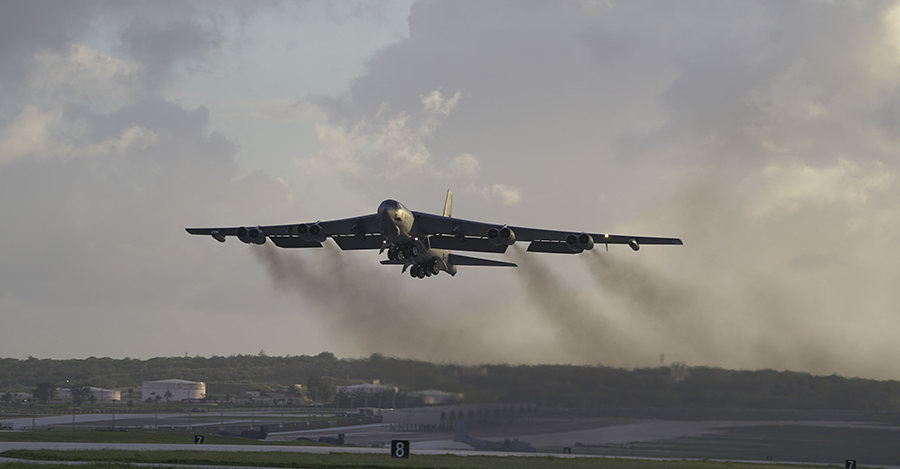 Among other things, Managing U.S. Nuclear Operations in the 21st Century examines the types of weapons in the U.S. force posture and how survivability features and command & control systems affect a successful deterrence strategy. Here, an Air Force B-52H Stratofortress bomber takes off from Andersen Air Force Base, Guam, in 2018. (Photo by Smith Collection/Gado/Getty Images)