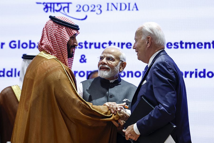 Saudi Arabia's Crown Prince and Prime Minister Mohammed bin Salman (L), India's Prime Minister Narendra Modi (C), and U.S. President Joe Biden attend a session as part of the G20 Leaders' Summit at the Bharat Mandapam in New Delhi on September 9, 2023. (Photo by Evelyn Hockstein/POOL/AFP via Getty Images)