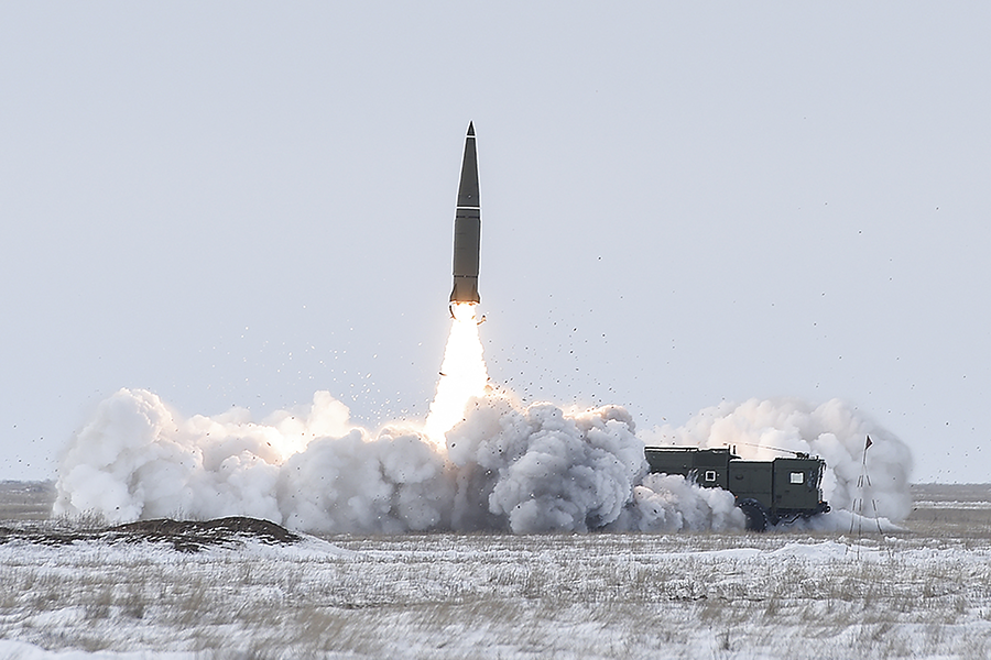 A Russian Iskander-M dual-capable missile system is launched in 2018. Arms Control Today contributor Kenneth C. Brill writes that nuclear weapons will not deter the growing threats from climate change. (Photo by Mil.ru/Wikimedia Commons)