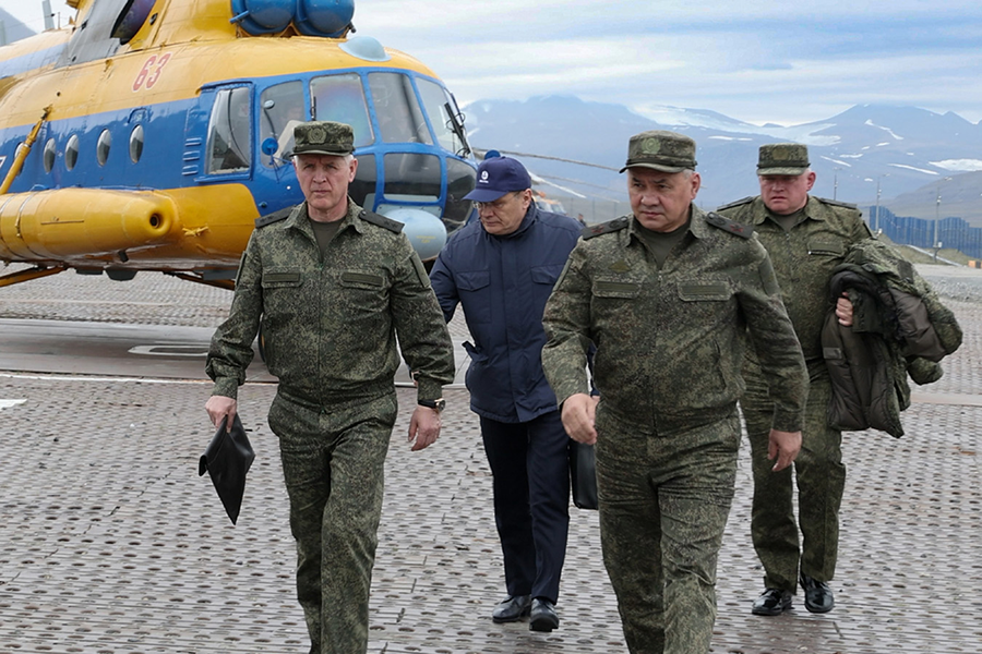 Russian Defense Minister Sergei Shoigu (R, front) visited the Russian nuclear weapons test site Novaya Zemlya in August, adding to Russian-U.S. tensions over the testing issue. (Photo by the Russian Defense Ministry with location confirmed by The Middlebury Institute of International Studies)