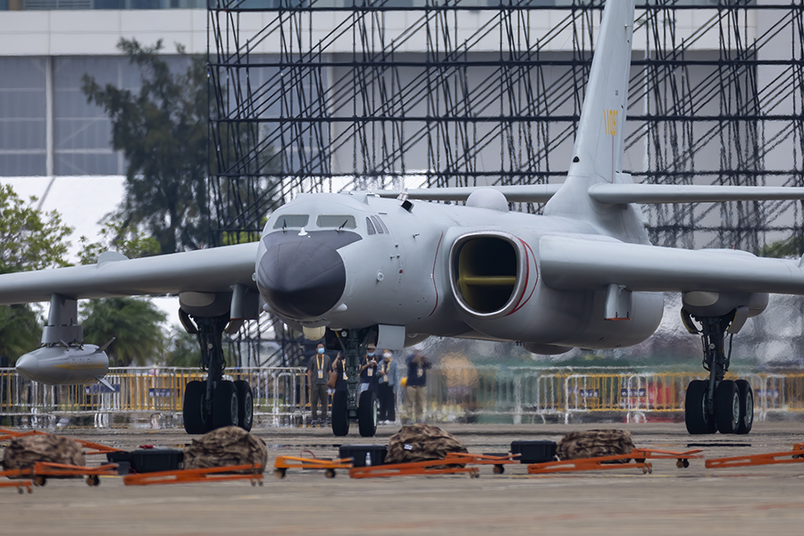 A Chinese H-6K bomber, which has nuclear strike capability, arrives at Zhuhai Air Show Center in Guangdong Province in 2022. China is aggressively expanding its nuclear arsenal. (Photo by VCG/VCG via Getty Images)