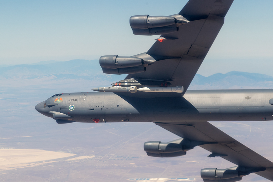 An AGM-183A Air-launched Rapid Response Weapon on the wing of a B-52H Stratofortress bomber in an undated Air Force photo. (Photo by Ethan Wagner/U.S. Air Force) 