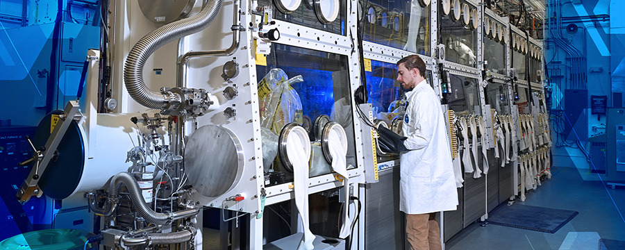 Researchers at Idaho National Laboratory work on synthesizing and irradiating a molten chloride salt fueled with enriched uranium. The experiment is attempting to validate the safety and reliability of a simple reactor type that could efficiently provide electricity and heat for communities and industry. (Photo via Idaho National Laboratory)