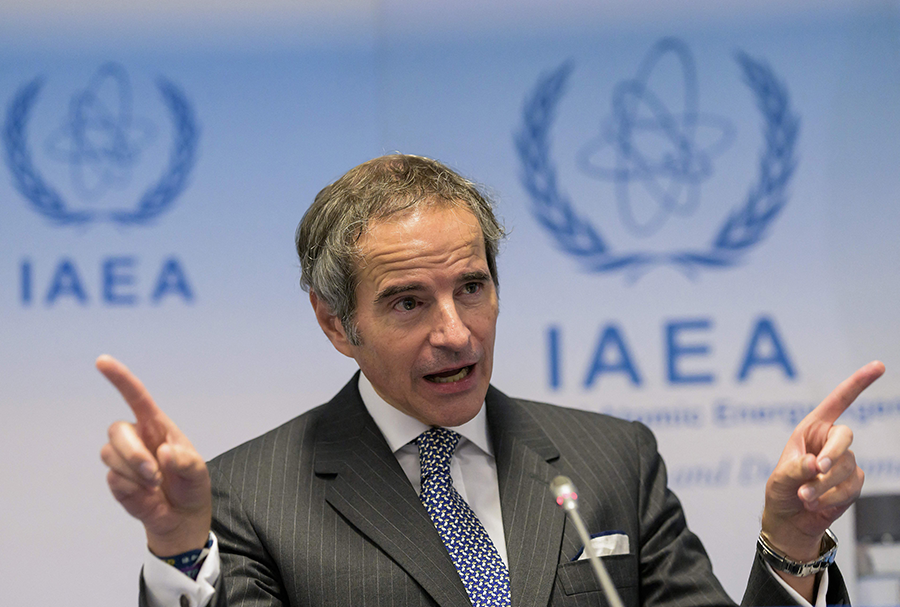 Rafael Mariano Grossi, director-general of the International Atomic Energy Agency, addresses journalists on November 22 after an agency board meeting in which he condemned Iran’s failure to comply with its safeguards obligations.  (Photo by Joe Klamar / AFP via Getty Images)