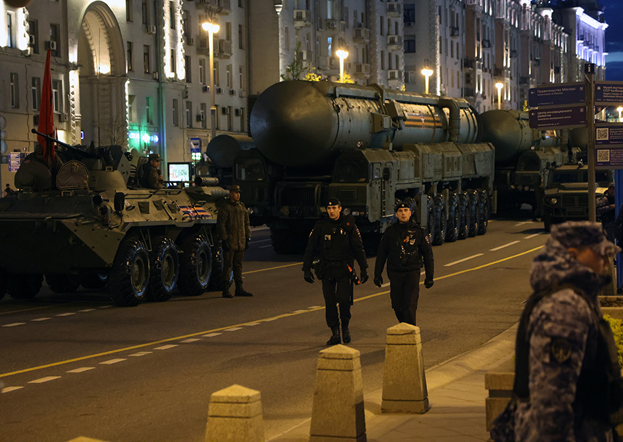 A Russian RS-24 Yars intercontinental ballistic missile is shown in Moscow during a rehearsal for the Victory Day military parade in May. Russia says it is considering a U.S. proposal for new nuclear arms control negotiations. (Photo by Contributor/Getty Images)