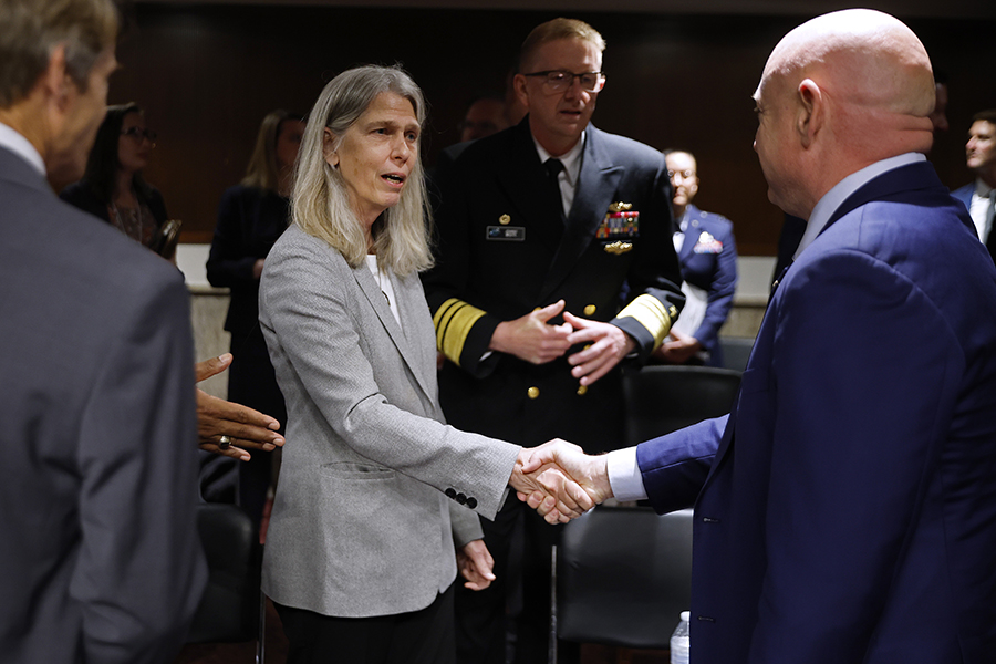 Administrator Jill Hruby (L) of the U.S. National Nuclear Security Administration greets Sen. Mark Kelly (D-AZ) before testifying last year to the Senate Armed Services Committee’s Subcommittee on Strategic Forces in Washington, D.C.  (Photo by Chip Somodevilla/Getty Images)
