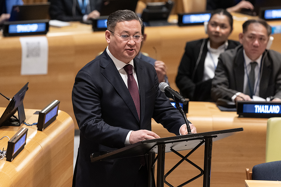 Foreign Minister Murat Nurtleu of Kazakhstan speaks during the second meeting of states-parties to the Treaty on the Prohibition of Nuclear Weapons at UN Headquarters on November 27. His country co-chaired a working group with Kiribati on assistance for victims of nuclear weapons testing, environmental remediation and international cooperation. (Photo by Lev Radin/Pacific Press/LightRocket via Getty Images)