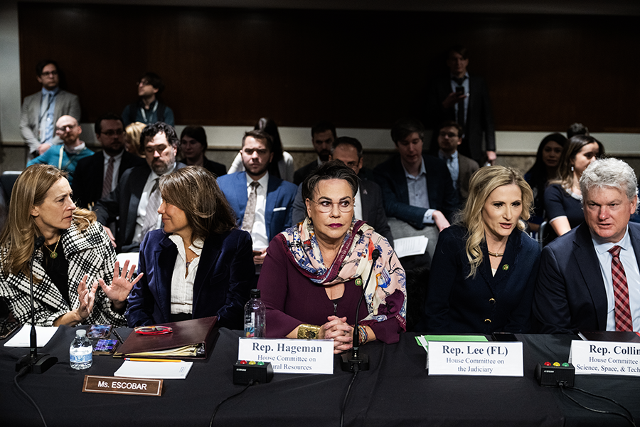 U.S. representatives, from left, Mikie Sherrill (D-N.J.), Veronica Escobar (D-Texas), Harriet Hageman (R-Wyo.), Laurel Lee (R-Fla.), and Mike Collins (R-Ga.), attend the House and Senate conference committee markup of the National Defense Authorization Act for Fiscal Year 2024 on Capitol Hill on Nov. 29. (Photo by Tom Williams/CQ-Roll Call, Inc via Getty Images)