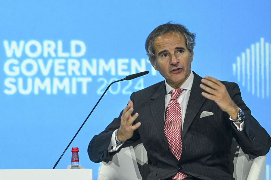 Rafael Mariano Grossi, director-general of the International Atomic Energy Agency, appearing at the the World Government Summit in Dubai on Feb. 13, says that Iran’s failure to provide full transparency into its nuclear program is increasing risk. (Photo by RYAN LIM/AFP via Getty Images)