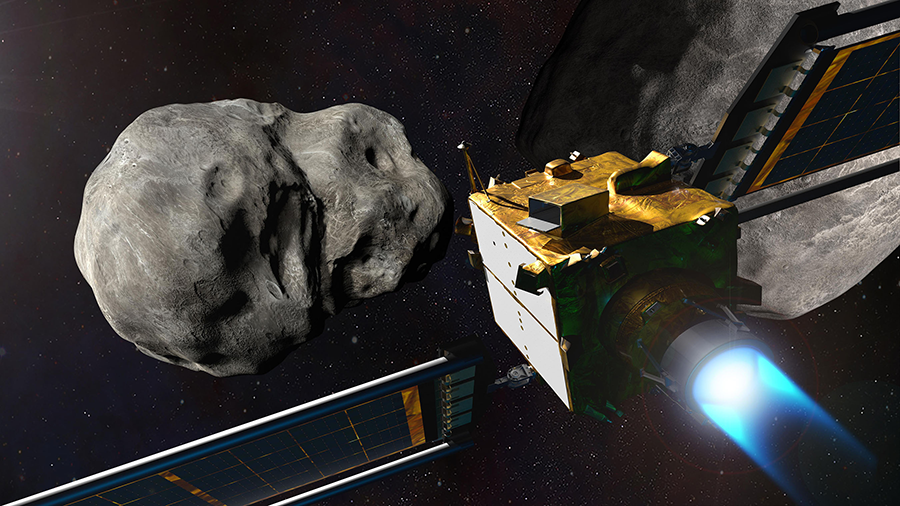 This illustration depicts NASA’s Double Asteroid Redirection Test (DART) spacecraft prior to impact at the Didymos asteroid system. NASA undertook the DART mission in 2021-2022 to test whether the spacecraft could be directed to strike the smaller asteroid Dimorphos, which orbits Didymos, and alter its trajectory. The test was considered a success, offering a potential solution if an asteroid ever threatens Earth. (Illustration by NASA)