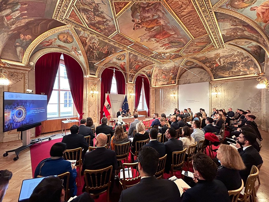 Alexander Kmentt, Austria’s director of disarmament, arms control, and nonproliferation, briefs Vienna-based diplomats in March about his government’s plan for a conference on autonomous weapons systems, in April.  (Photo courtesy of Alexander Kmentt) 