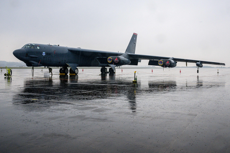 Nuclear-capable strategic bombers such as this U.S. B-52H aircraft parked at a South Korean Air Force base in October are among the weapons covered by the New Strategic Arms Reduction Treaty. Signed by Russia and the United States, the treaty is due to expire in February 2026 if a follow-on agreement is not negotiated.  (Photo by Anthony Wallace/AFP via Getty Images)
