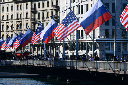U.S. and Russian flags fly on the Mont-Blanc bridge on the eve of a U.S.-Russia summit, on June 15, 2021 in Geneva. (Photo by Sebastien Bozon/AFP via Getty Images)