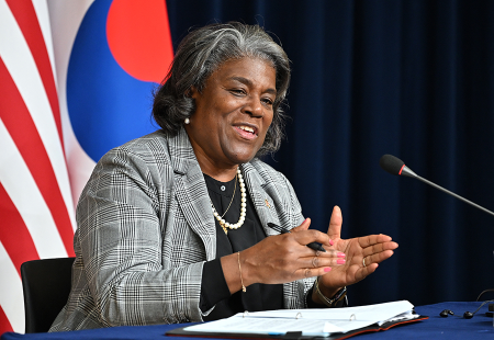 Wrapping up an April visit to Seoul, Linda Thomas-Greenfield, U.S. ambassador to the United Nations, tells a news conference that the United States is searching for an alternative mechanism to monitor sanctions on North Korea after Russia vetoed the extension of a U.N. panel of experts. (Photo by Jung Yeon-Je/POOL/AFP via Getty Images) 