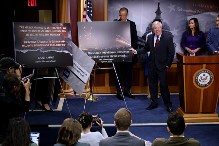 Sen. Lindsey Graham (R-SC) (C) holds a news conference with fellow Republican senators at the U.S. Capitol in May to criticize a Biden administration warning that it will halt some weapons supplies to Israel if the ally crosses a red line in its war against Hamas in Gaza. In recent comments, Graham has appeared to suggest that Israel should consider using nuclear weapons to defeat Hamas. (Photo by Chip Somodevilla/Getty Images)