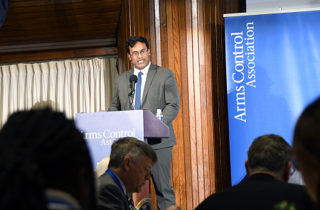 The Biden administration remains committed to arms control negotiations even as major nuclear-armed states expand and modernize their arsenals, Pranay Vaddi, senior director for arms control, disarmament, and nonproliferation told the Arms Control Association annual meeting June 7. (Photo by Allen Harris/Arms Control Association)