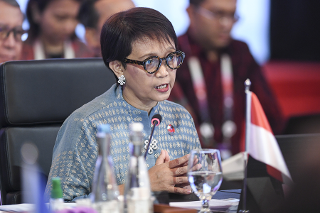 Indonesia’s Foreign Minister Retno Marsudi delivers opening remarks during meeting on the Southeast Asia Nuclear-Weapon-Free Zone in Jakarta in 2023. (Photo by Pool/ Adi Weda/ EPA/Anadolu Agency via Getty Images)