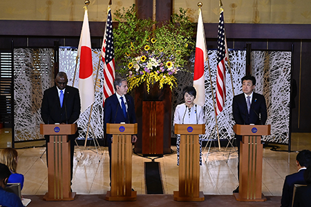 Japanese and U.S. officials hold press conference after meeting July 28 in Tokyo. From left, U.S. Secretary of Defense Lloyd Austin, U.S. Secretary of States Antony Blinken, Japanese Foreign Minister Yoko Kamikawa and Japanese Defense Minister Minoru Kihara. (Photo by David Mareuil/Anadolu via Getty Images)