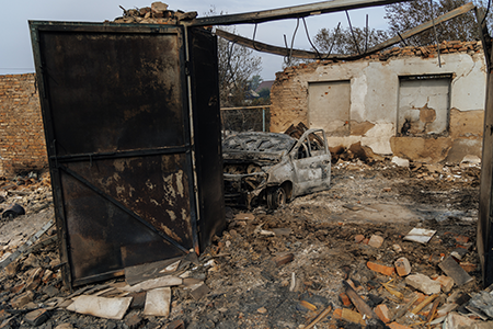 A destroyed building on September 13 in the Kursk Region of Russia, which Ukrainian troops invaded in August. Some 71 percent of Russians would oppose a nuclear strike against a military target in Ukraine, even if it meant serious strategic consequences, according to research by Michal Smetana and Michal Onderco. (Photo by Oleg Palchyk/Global Images Ukraine via Getty Images )