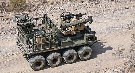 A U.S. Army autonomous weapons system known as “Origin” maneuvers through desert terrain as weapons testing commences at Yuma Proving Ground, Arizona, in 2020. (Photo by Spc. Carlos Cuebas Fantauzzi/Army Futures Command)