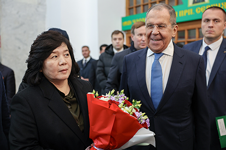 North Korean Foreign Minister Choe Son-hui (L) and Russian Foreign Minister Sergey Lavrov unveil a plaque honoring the late North Korean leader Kim Il Sung in Moscow in November. The two countries recently ratified a mutual defense pact and North Korea has sent troops to help Russia fight in Ukraine. (Photo by Russian Federation Foreign Press Service / Handout/Anadolu via Getty Images)