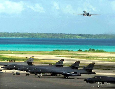 A US Air Force B-1B bomber takes off from the military base on the island of Diego Garcia, part of the Mauritius archipelago, on a strike mission against Afghanistan in 2001. (Photo by the U.S. Air Force/AFP via Getty Images)