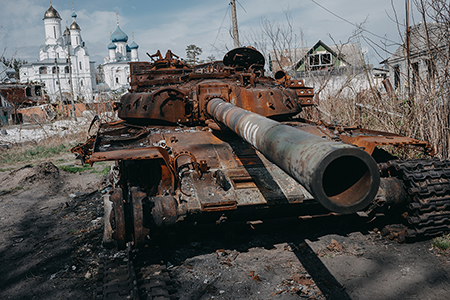 A destroyed Russian tank is seen in Donetsk Oblast, Ukraine, in April 2024. Since Russia invaded Ukraine three years ago, the war has been a land-heavy conventional conflict. (Photo by Wojciech Grzedzinski/Anadolu via Getty Images)