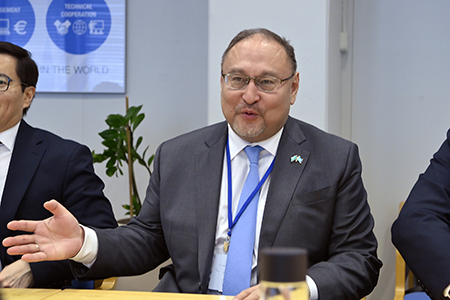 Kazakhstani Deputy Foreign Minister Akan Rakhmetullin visits International Atomic Energy Agency headquarters in Vienna in February 2024 in his role as chair of the second preparatory committee meeting for the 2026 nuclear Nonproliferation Treaty Review Conference. (Photo by Dean Calma/IAEA)
