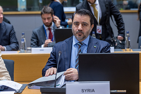Syrian Foreign Minister Asaad al-Shibani attends the 9th International Conference in Support of Syria March 17 in Brussels. Shibani, part of the interim government that succeeded ousted President Bashir al-Assad, is trying to reintegrate Syria into the international community. (Photo by Omar Havana/Getty Images)