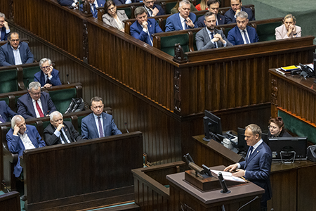 Polish Prime Minister Donald Tusk, speaking in parliament about Russia’s war on Ukraine March 7, said Poland is considering withdrawing from the 2008 Convention on Cluster Munitions. Poland, along with the Baltic states, should also withdraw from the 1997 Mine Ban Treaty, because of rising threats from Russia, their defense ministers said March 18. (Photo by Andrzej Iwanczuk/NurPhoto via Getty Images)