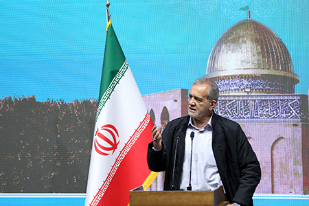 Iranian President Masoud Pezeshkian speaks to the press during an event in Tehran February 20. Iran’s nuclear program is a direct threat to the future of the nuclear Nonproliferation Treaty, the cornerstone of international efforts to prevent the spread of nuclear weapons. (Photo by Iranian Presidency / Handout/Anadolu via Getty Images)