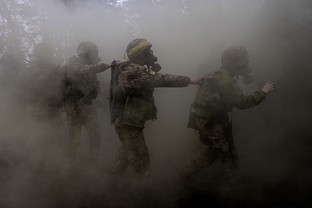 Ukrainian soldiers in the Dnipropetrovsk region train for a possible gas attack in March 2025. Ukraine and Russia, which launched a full-scale invasion of Ukraine in 2022, are under investigation by the Organisation for the Prohibition of Chemical Weapons for the alleged use of chemical weapons on the battlefield. (Photo by Paula Bronstein/Getty Images)