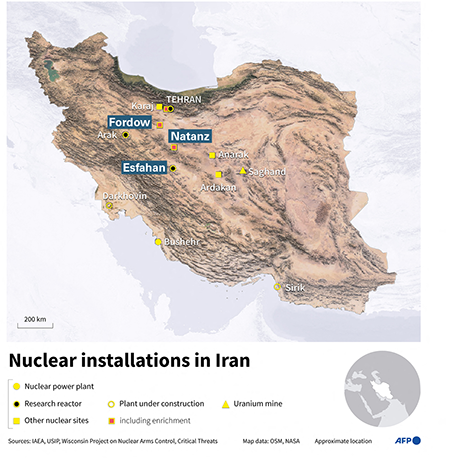 Map identifies nuclear-related facilities in Iran. During a June 21 attack, the United States struck three locations that are highlighted: the Fordow uranium enrichment facility, the Natanz uranium enrichment facility and the Esfahan complex.  (Illustration by Sylvie Husson via Getty Images)