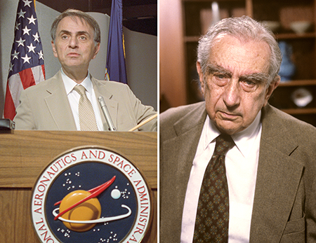 A longstanding feud between astrophysicist Carl Sagan of Cornell University (L), part of the group that introduced the concept of nuclear winter, and nuclear physicist Edward Teller of Lawrence Livermore National Laboratory, who stressed the uncertain climate impacts of nuclear war, exemplified the split within the scientific community. (Photos by (L) Bettman Archives/Getty Images ; (R) Ben Martin/Getty Images)