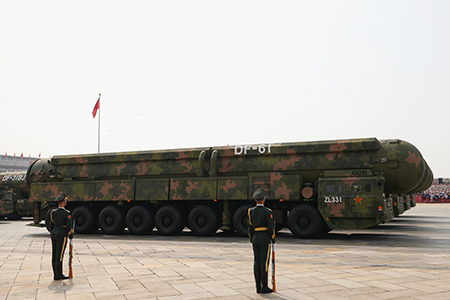 The new intercontinental ballistic missile, Dongfeng-61, was among the weapons reflecting China’s rapidly modernizing military power that were featured at the Sept. 3 parade commemorating the 80th anniversary of the end of World War II. It was displayed with other nuclear systems and is believed to also be nuclear-capable. (Photo by Lintao Zhang/Getty Images)